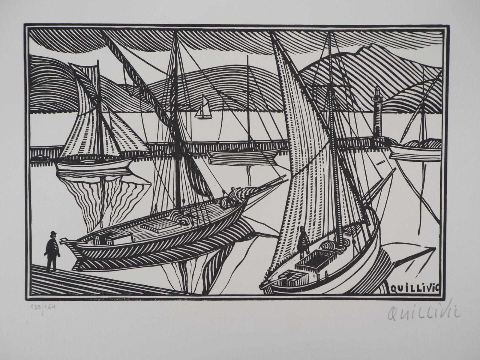 René Quillivicbrittany : Boats At The Harbour   Original Wooodcut, Handsigned1923