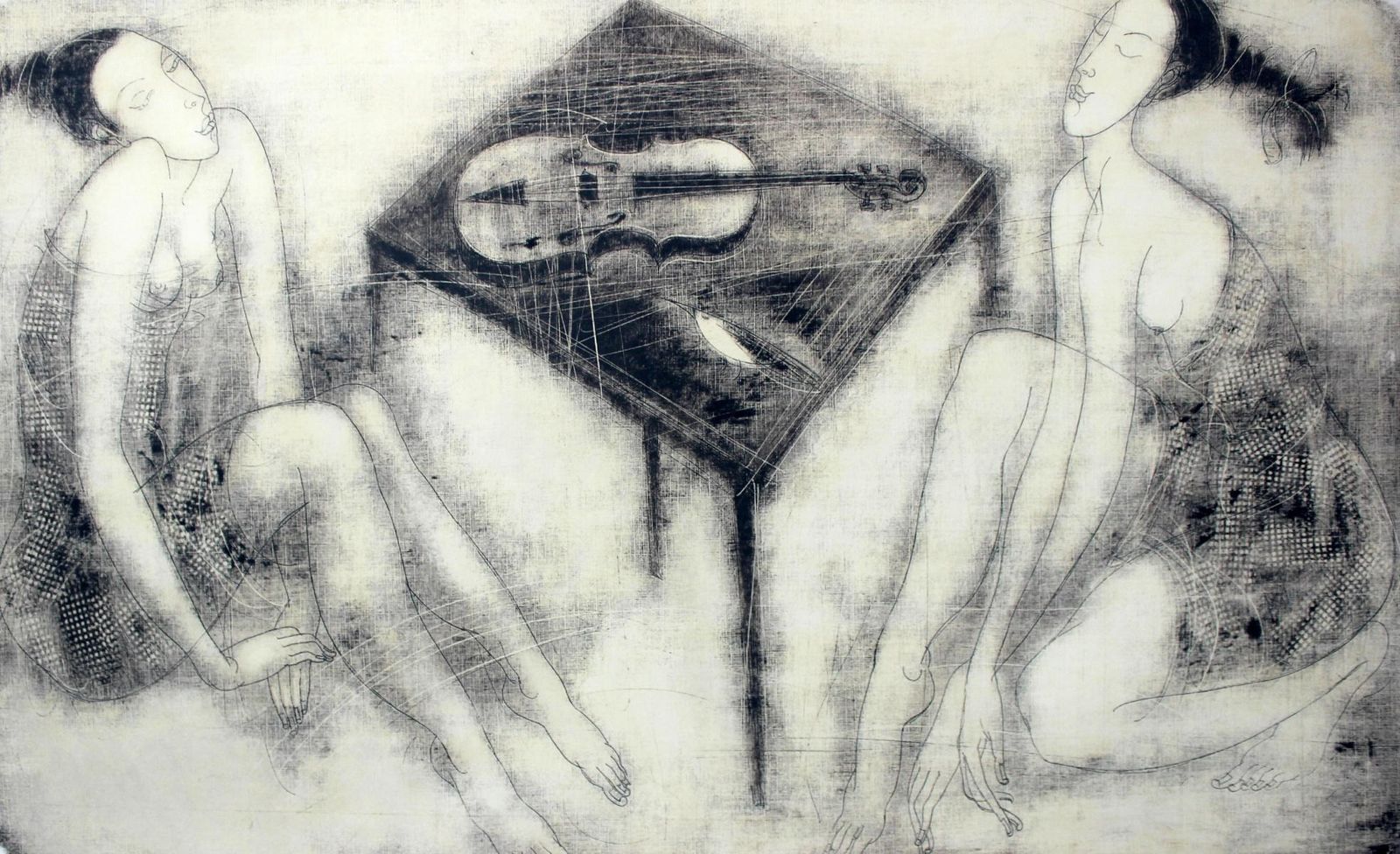 Siergiej Timochowtwo Women With A Violin   Xxi Century, Contemporary Figurative Monotype Print2010