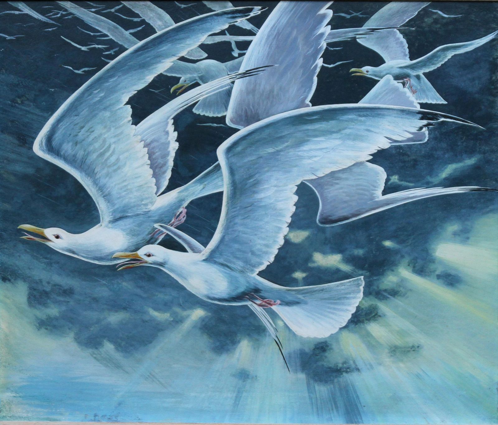 Stuart Maxwell Armfieldflock Of Seagulls   British 60's Surrealist Art Oil Painting Birds In Flightcirca 1960 photo for sale