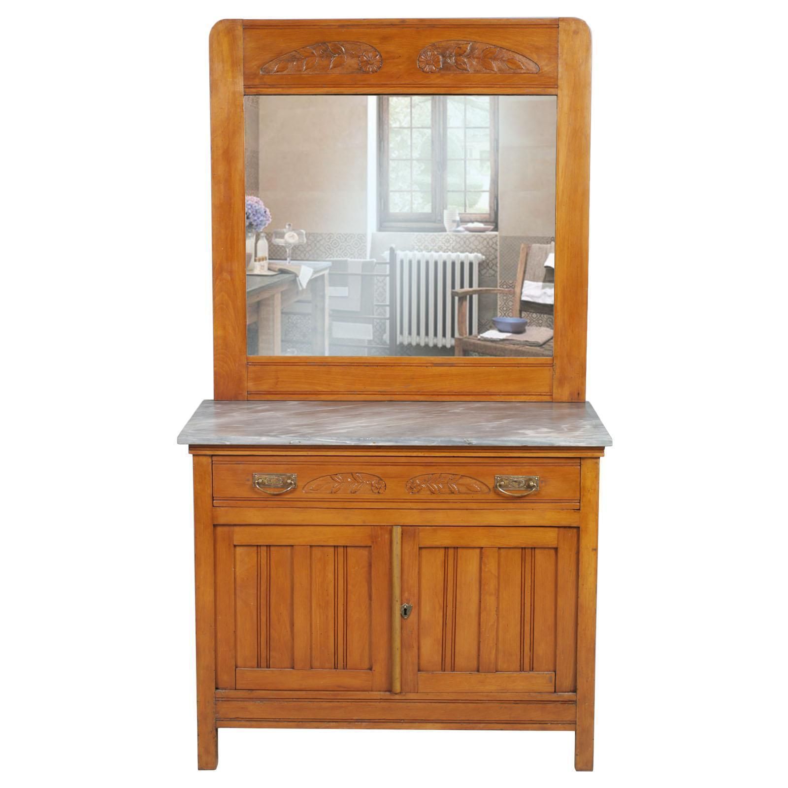 Art Nouveau Vanity Cabinet, Carved Cherrywood, Bevelled Mirror, Gray Marble Top photo furniture