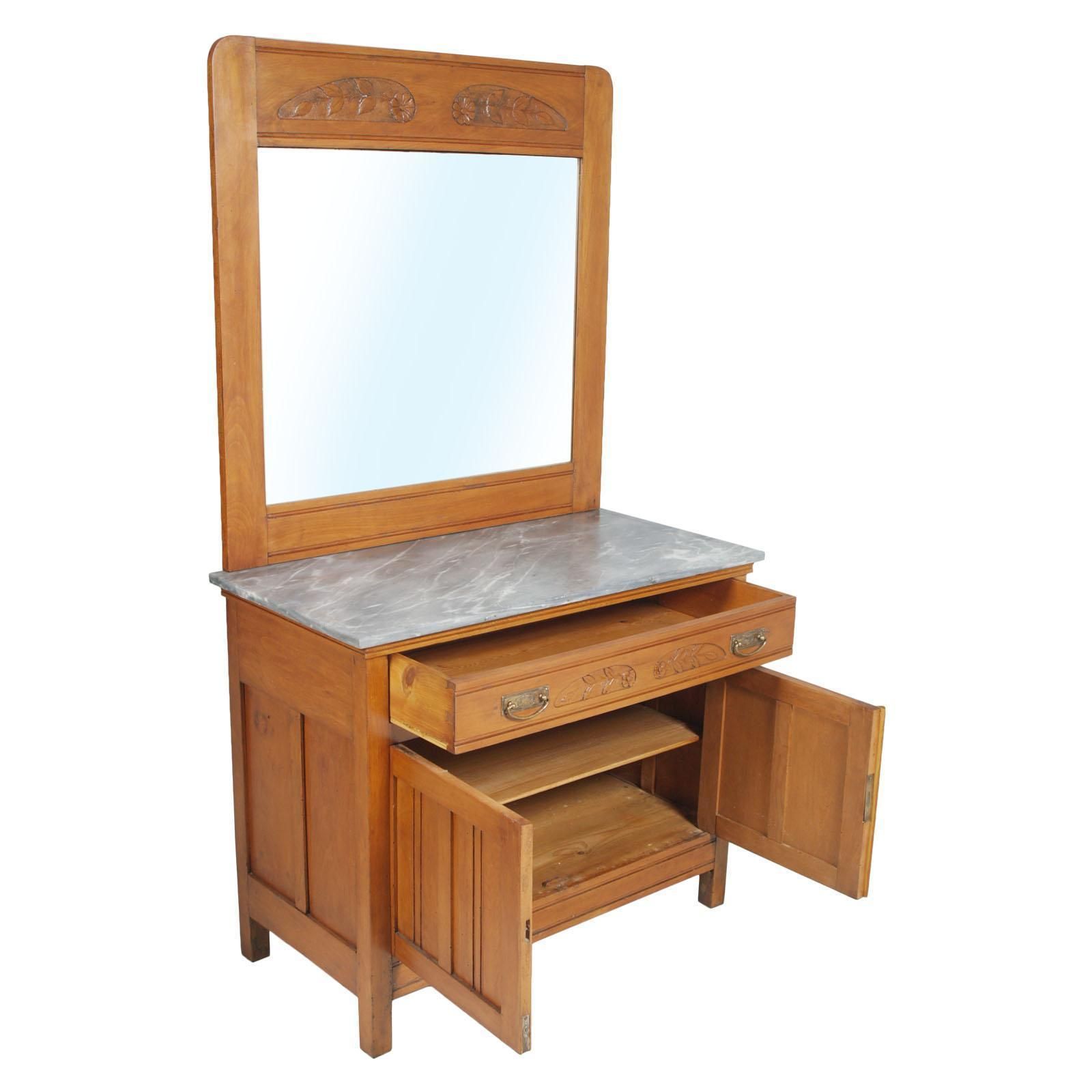 Art Nouveau Vanity Cabinet, Carved Cherrywood, Bevelled Mirror, Gray Marble Top photo for sale