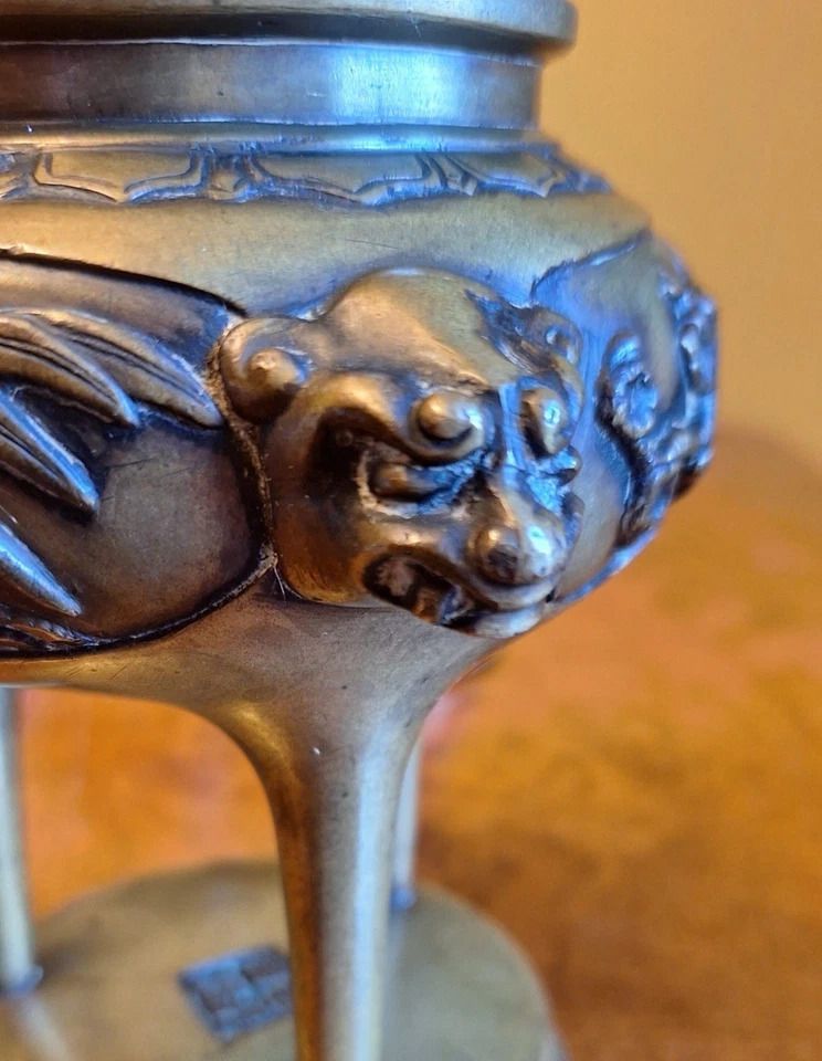 Antique Pair Chinese Bronze Incense Burners Tri Stem & Foliage Foo Dog Heads photo furniture