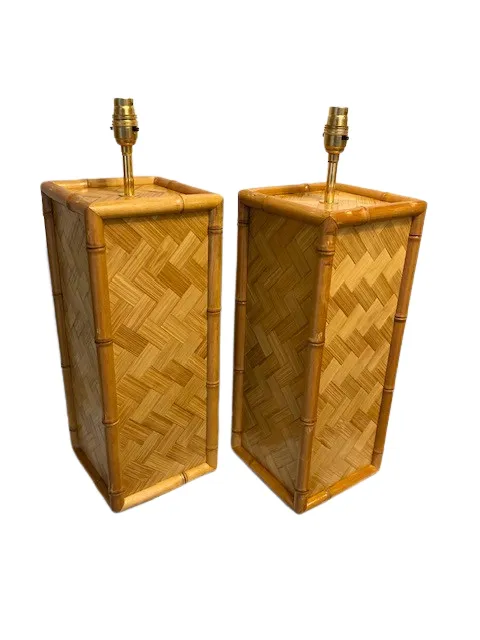 Pair Of Mid Century Coastal Square Parquet Rattan Table Lamps, American, 1970s
