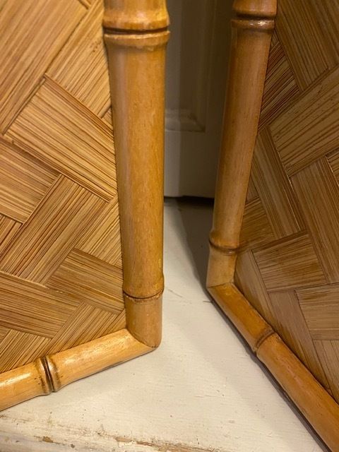 Pair Of Mid Century Coastal Square Parquet Rattan Table Lamps, American, 1970s photo vintage