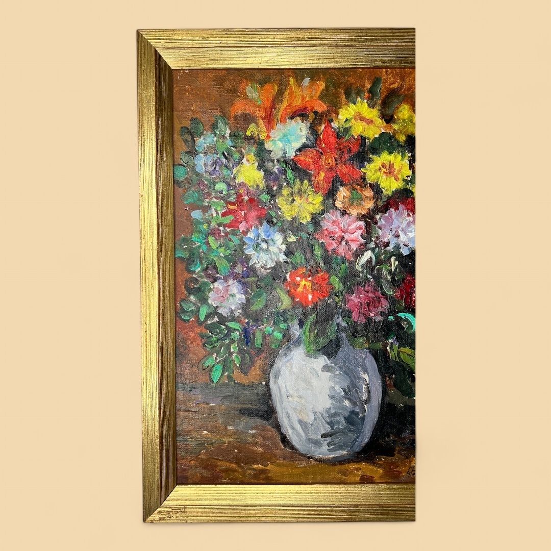 Flowers In Orange, Swedish Oil On Canvas Still Life Painting photo for sale