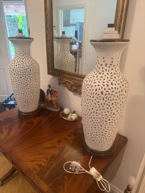 A Rare Pair Of Large White Chinese Blanc De Chine Reticulated Table Lamps