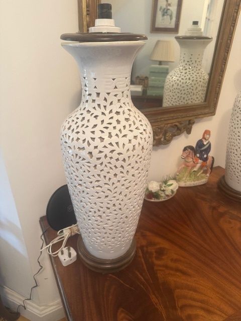 A Rare Pair Of Large White Chinese Blanc De Chine Reticulated Table Lamps photo furniture