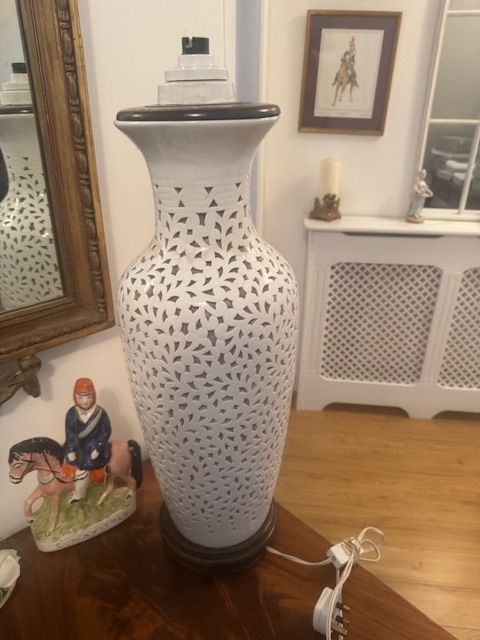 A Rare Pair Of Large White Chinese Blanc De Chine Reticulated Table Lamps photo for sale