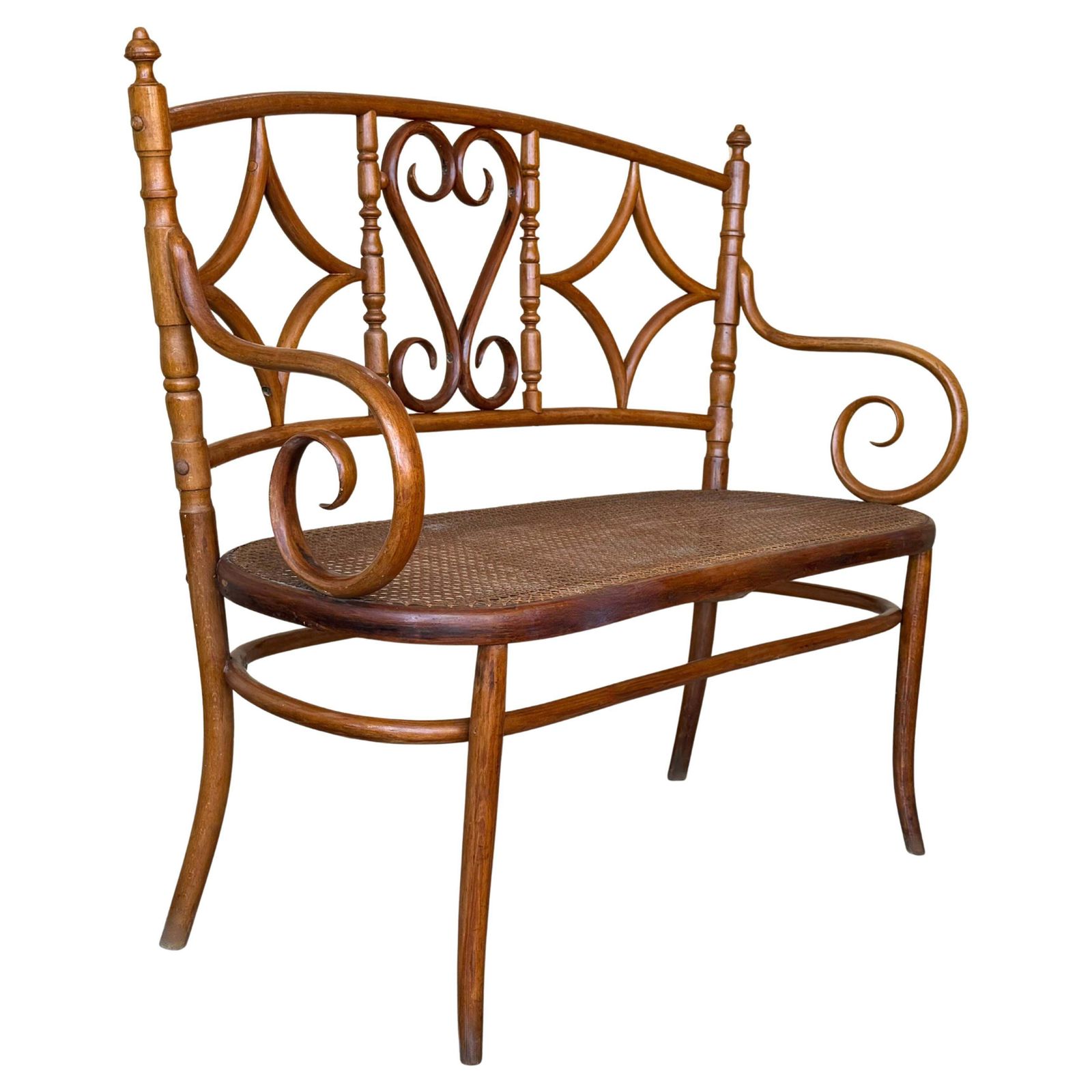 Canapé en bois courbé de style Thonet, siège canné, vers 1925
