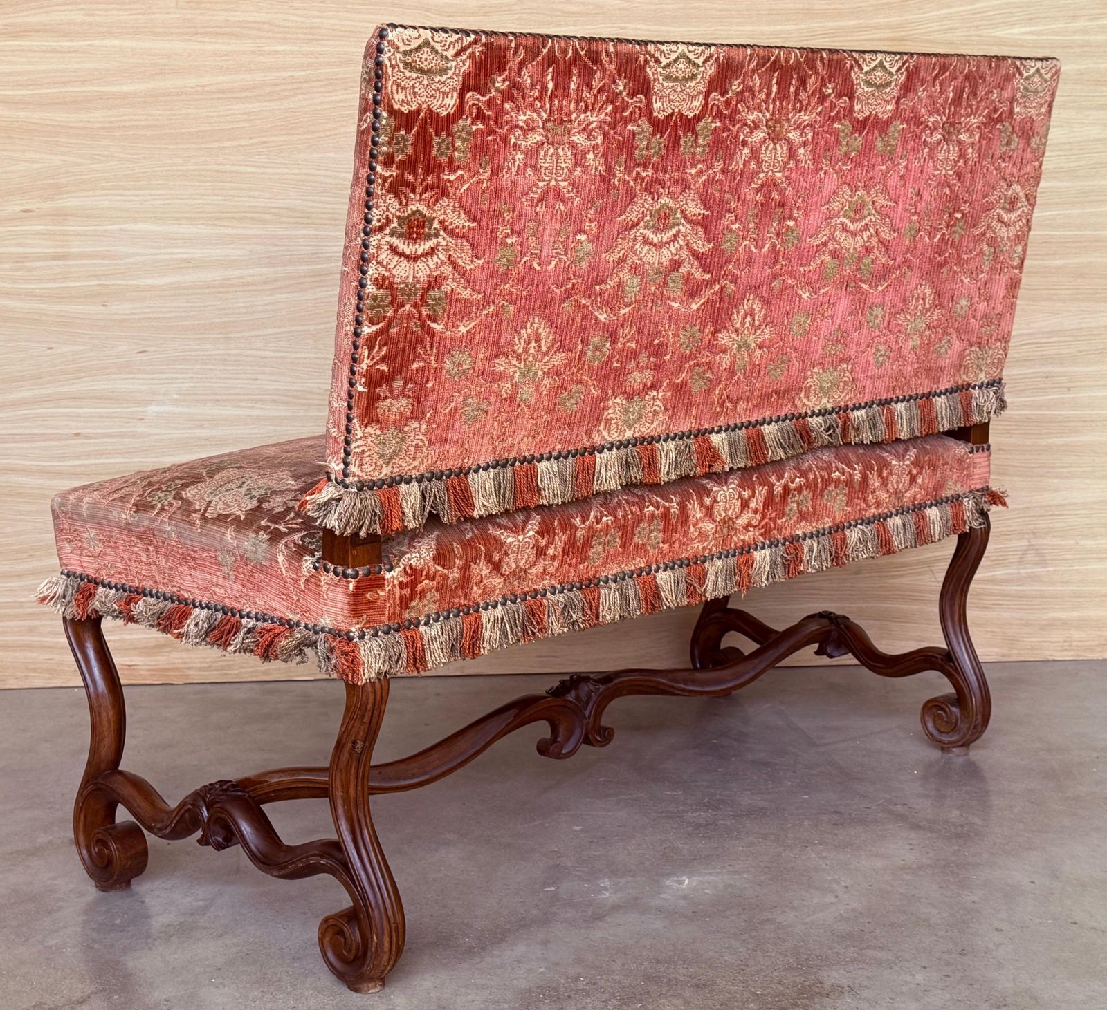 Spanish Damask Velvet Bench With Back And Walnut Carved Legs photo Furniture
