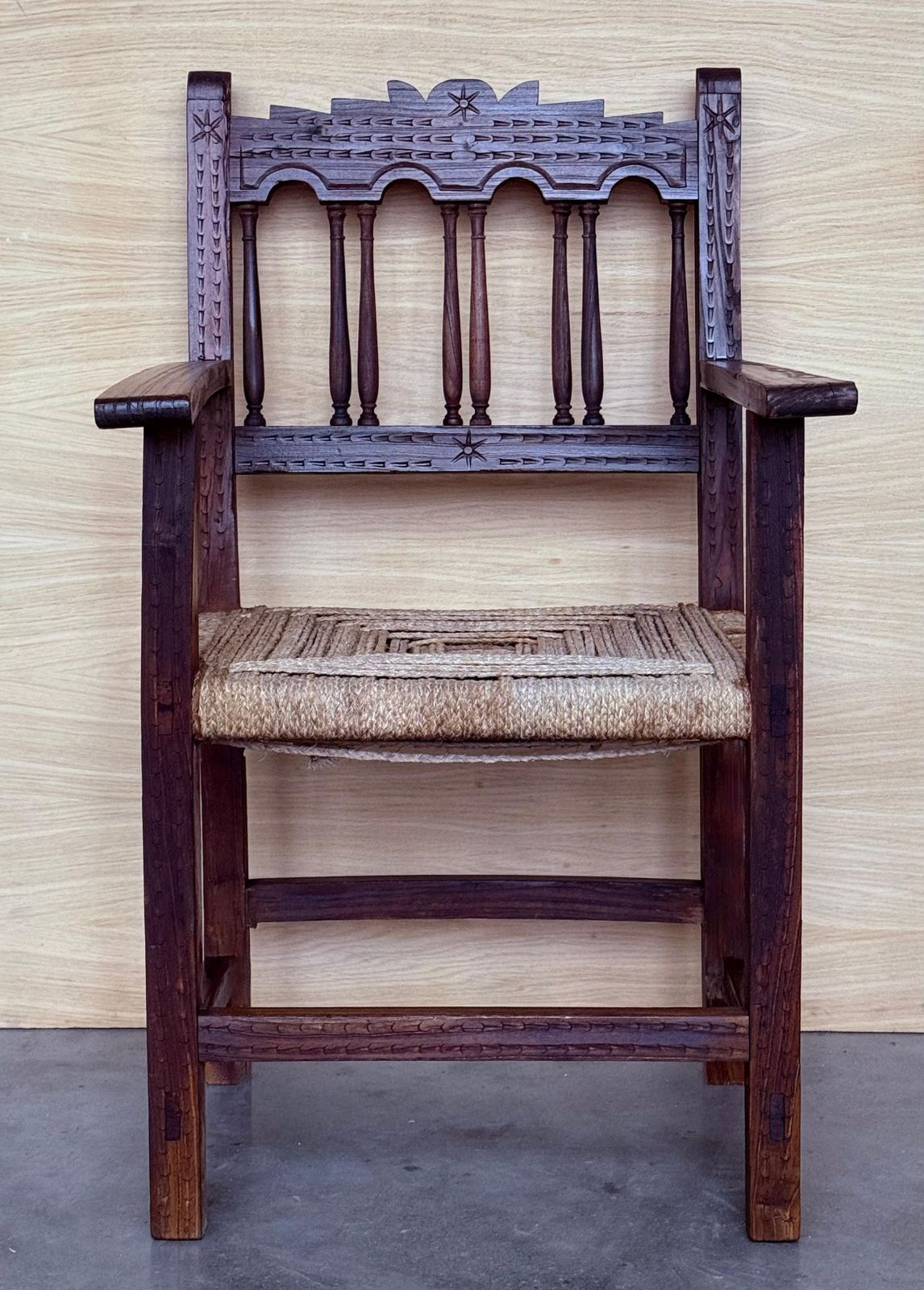 20th Century Pair Of Catalan Throne Armchairs In Walnut And Caned Seats photo for sale