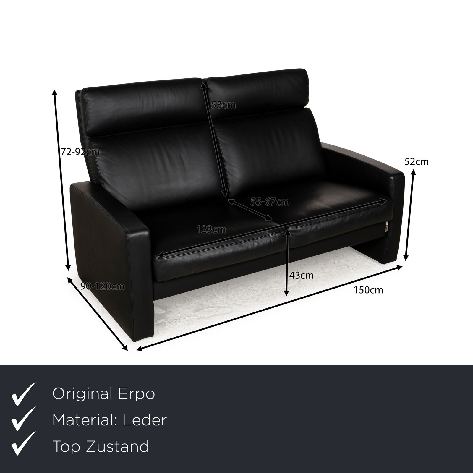 Canapé 2 places Erpo Just Relax en cuir noir, fonction manuelle photo furniture