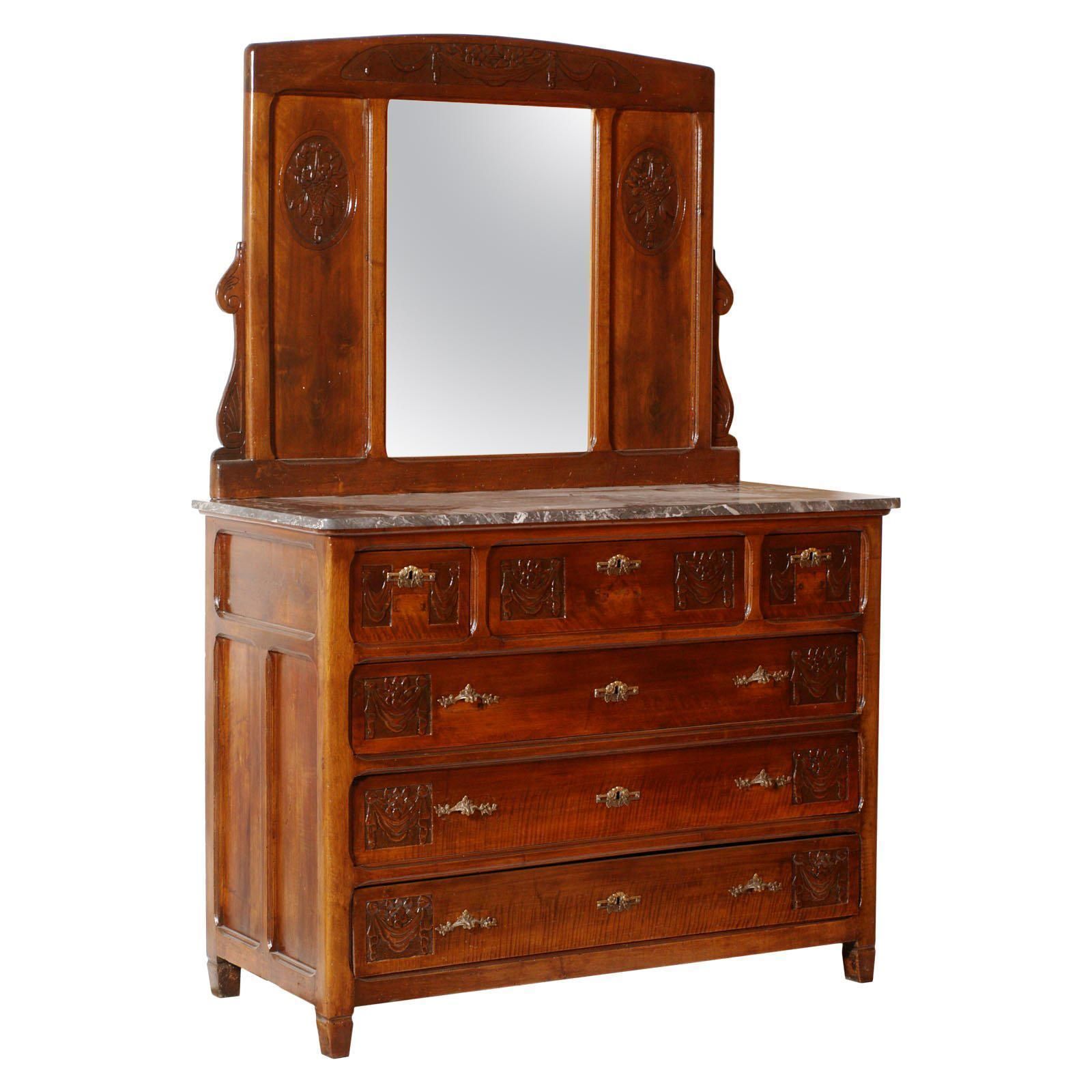 Art Nouveau Chest Of Drawers With Marble Top, Italy, Circa 1900, Beveled Mirror