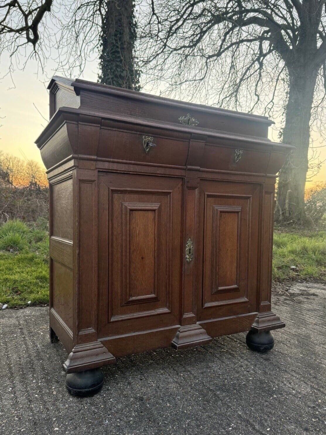 1195.0 Antique Dutch Renaissance Oak Cushion Cabinet Bureau Cupboard photo