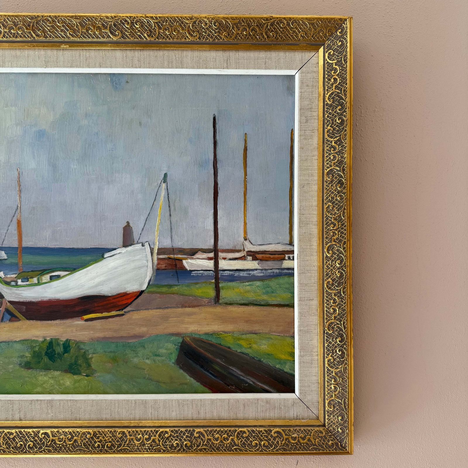 Harbour Oil On Panel Of Boats, 1980s photo Art