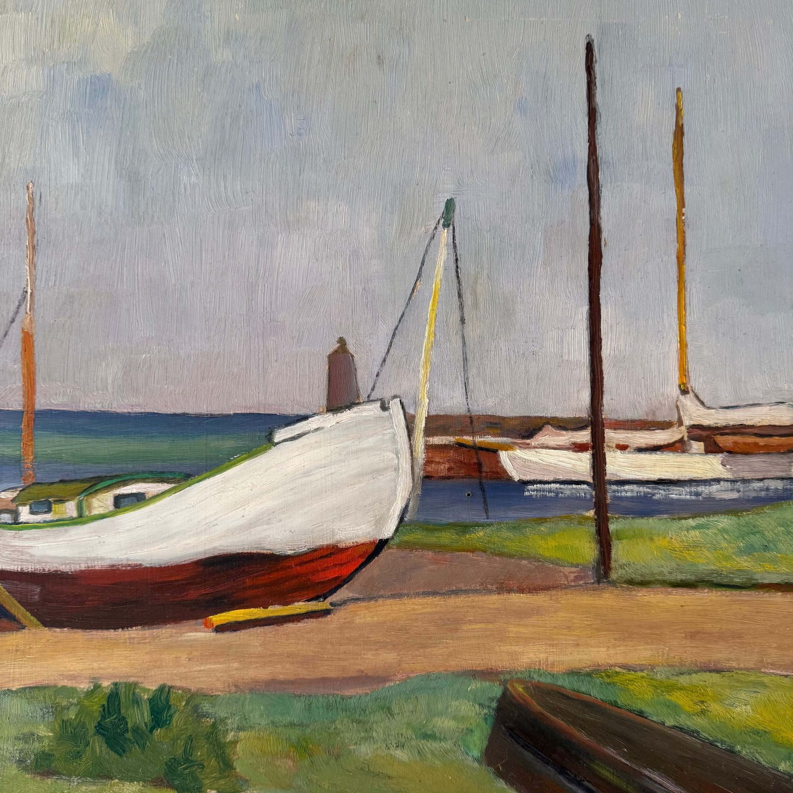 Harbour Oil On Panel Of Boats, 1980s photo vintage