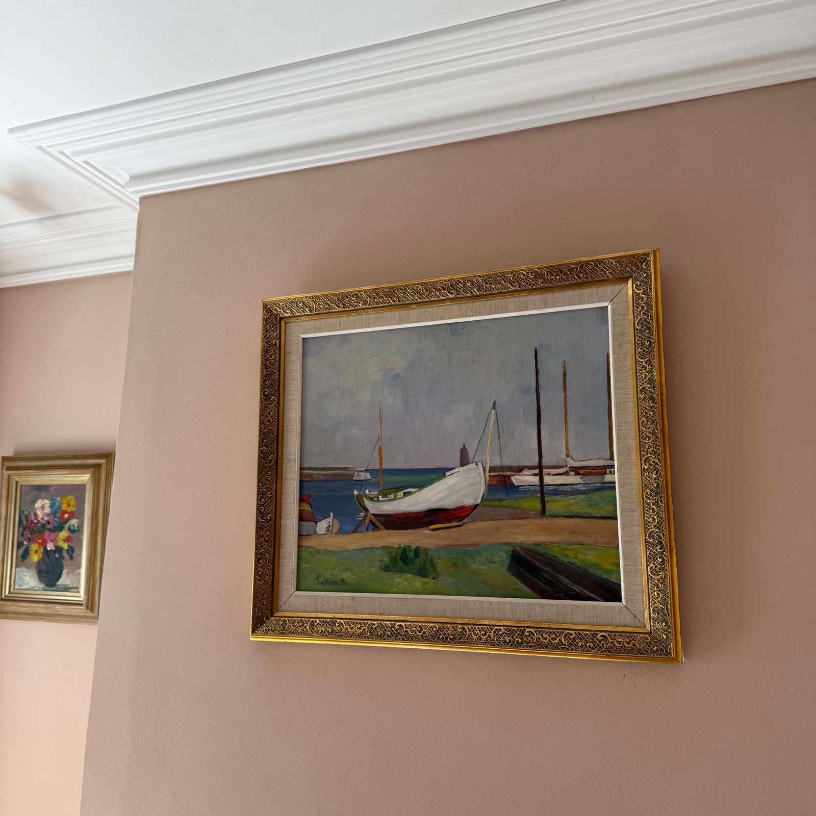 Art Harbour Oil On Panel Of Boats, 1980s photo