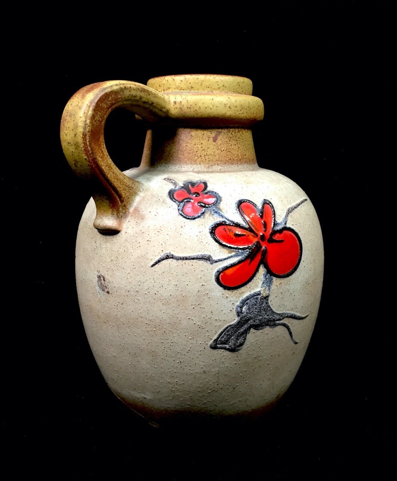 Vintage Large West German Pottery Vase / Jug / Red Flowers / Black Retro 1970's photo Home Decor