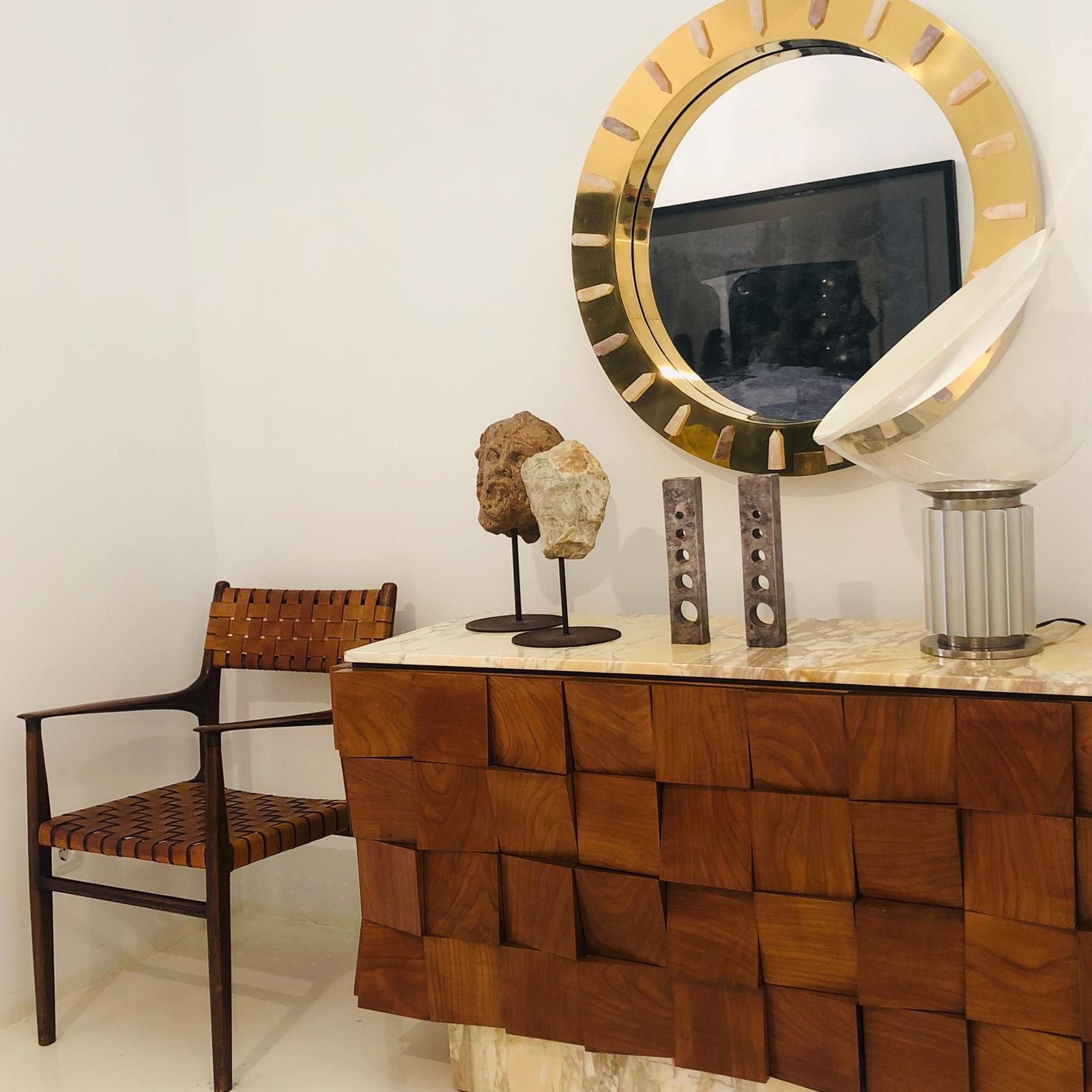 Midcentury Style Made Of Brass And Pink Quartz Circular Italian Mirror photo vinterior