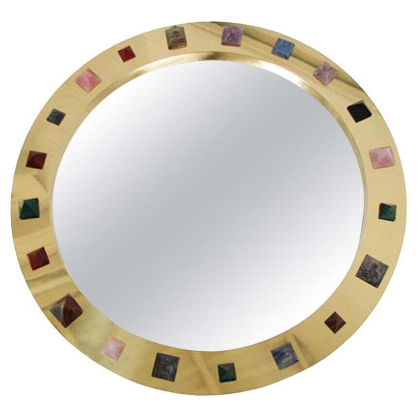 Contemporary Modern Spanish Circular Brass And Semi Precious Stones Mirror