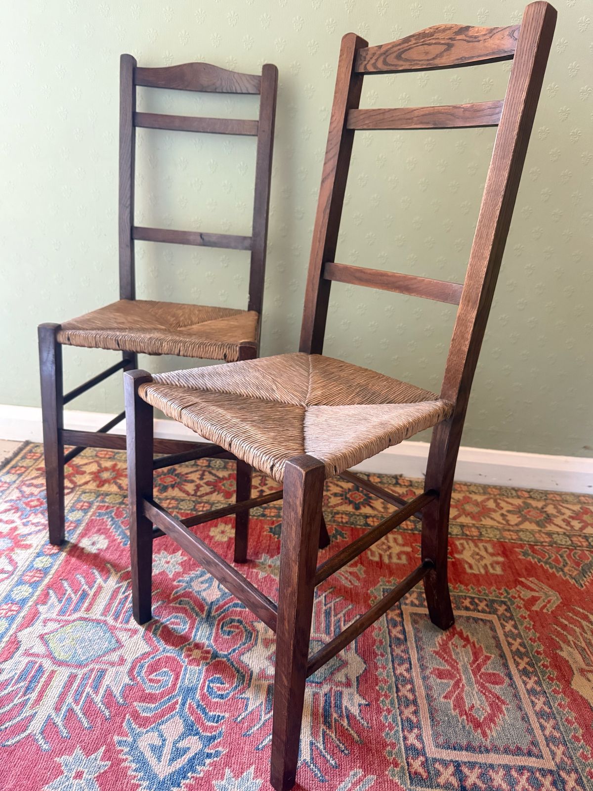 Pair Of Antique French Oak And Rush Occasional Chairs C1890 photo for sale