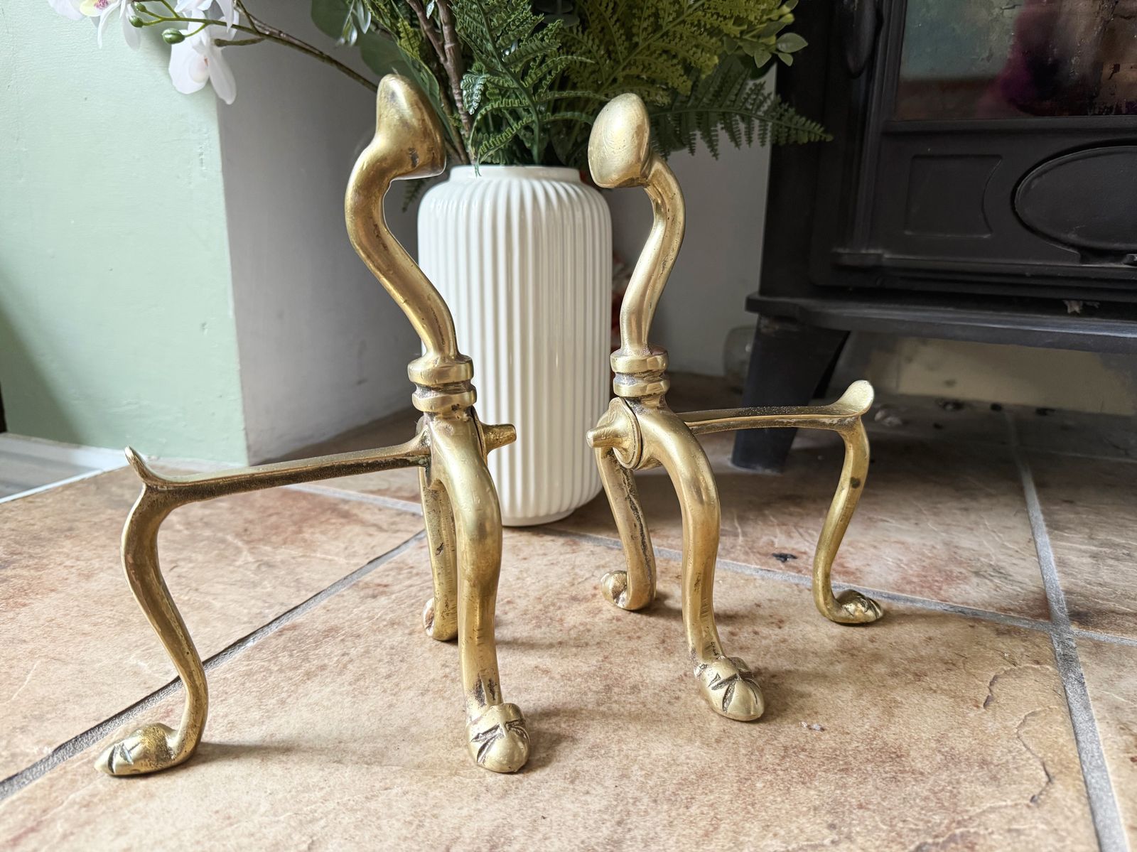 Pair Of Victorian French Brass Fire Dogs Or Andirons photo vinterior