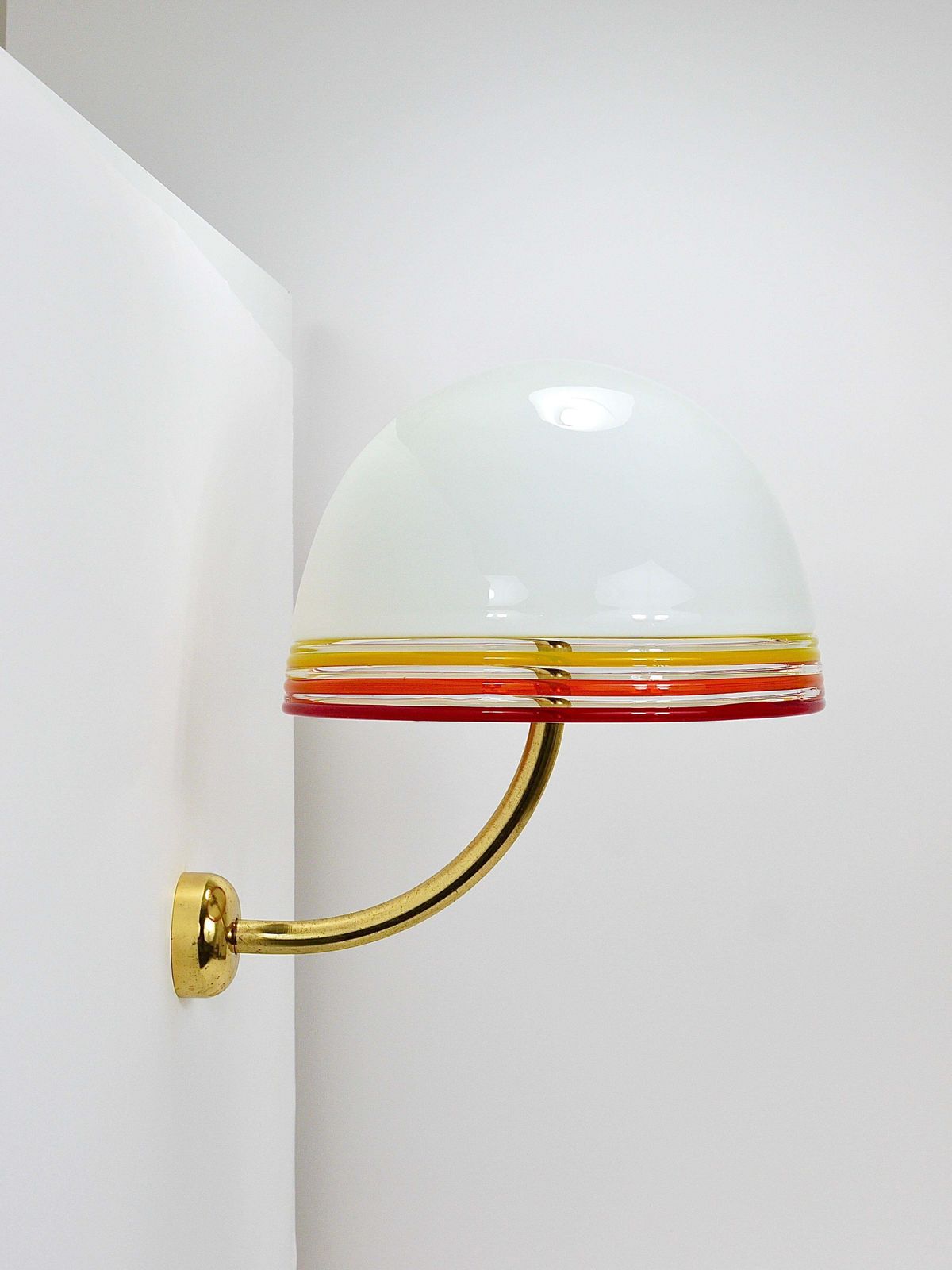 photo furniture Roberto Pamio Febo Wall Lamps Sconces, Brass, Murano Glass, Leucos, Italy, 1970s