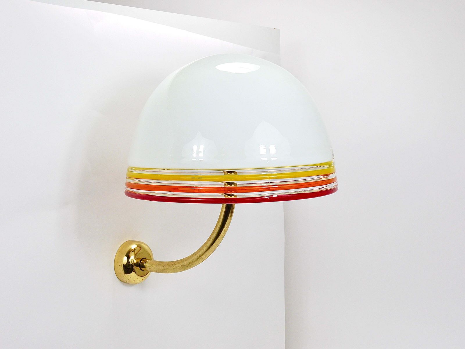 photo vinterior Roberto Pamio Febo Wall Lamps Sconces, Brass, Murano Glass, Leucos, Italy, 1970s