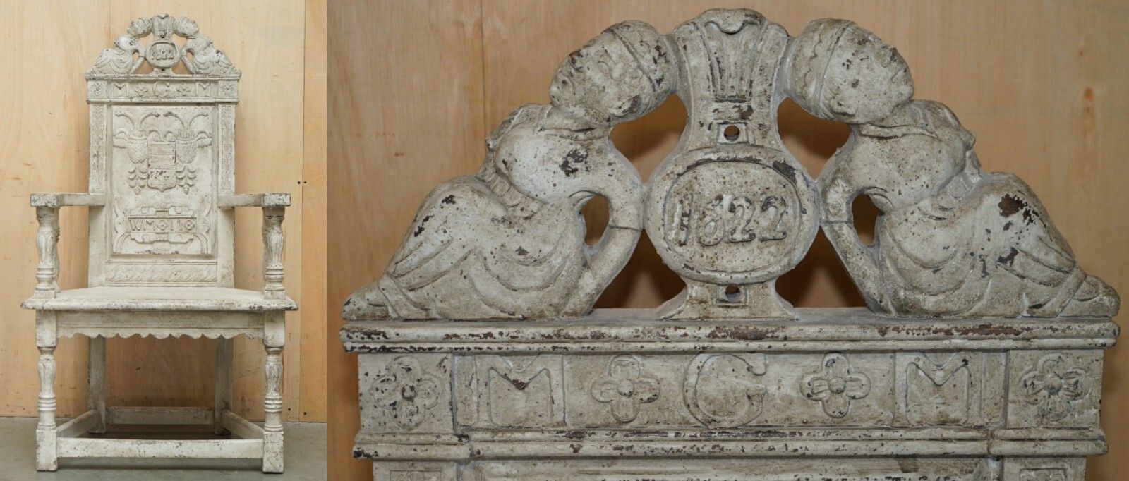 Antique 1622 Dated Ornately Hand Carved English Oak Painted Throne Armchair