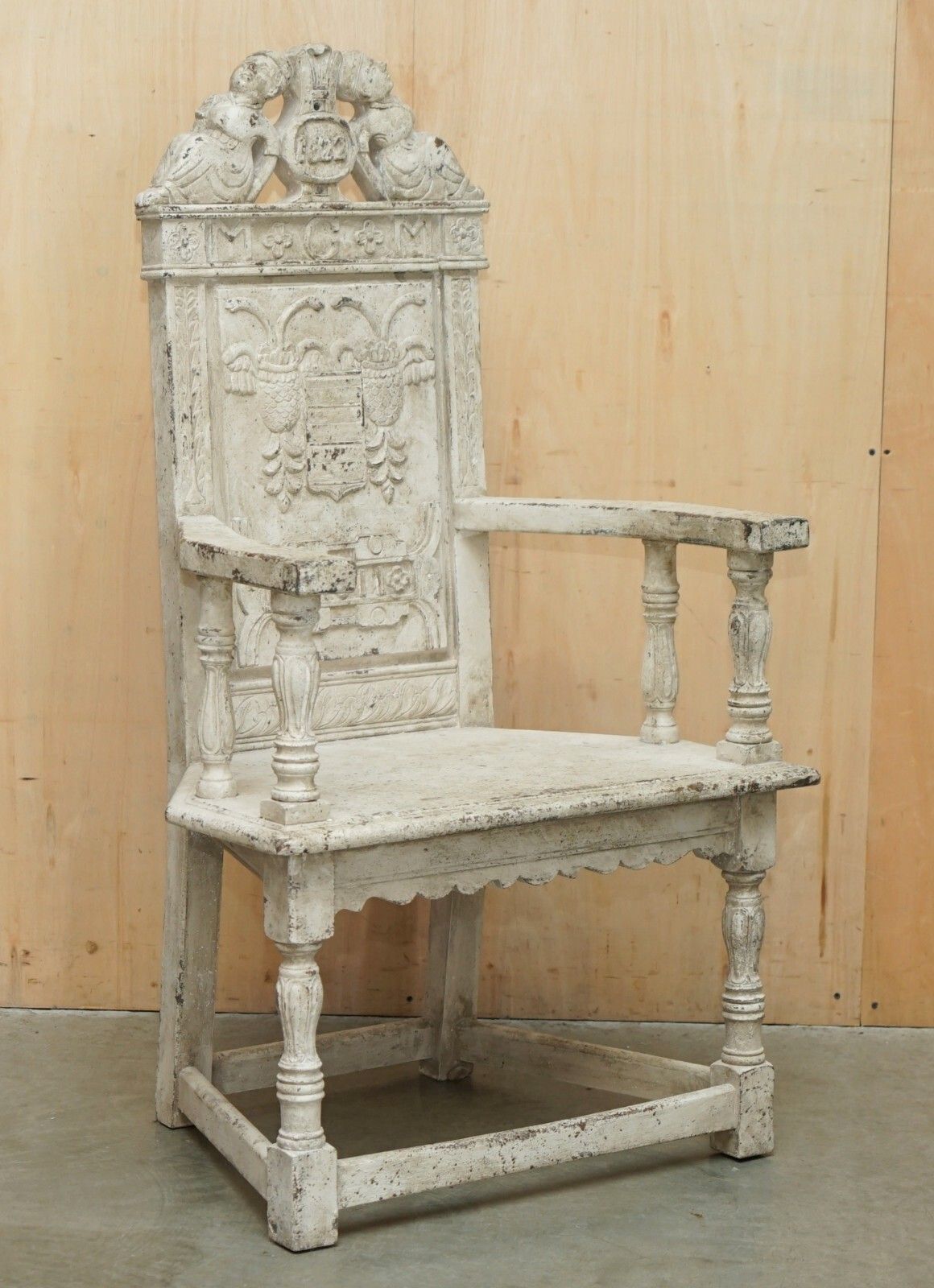 Antique 1622 Dated Ornately Hand Carved English Oak Painted Throne Armchair photo furniture