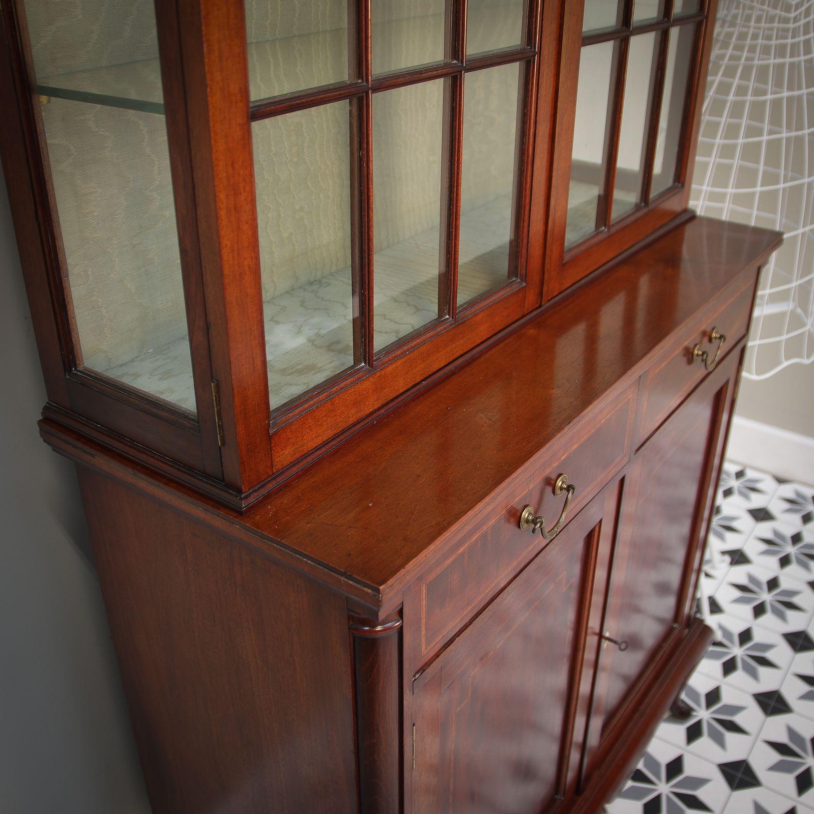 Antique Edwardian Inlaid Mahogany Bookcase On Cabriole Legs. photo vintage