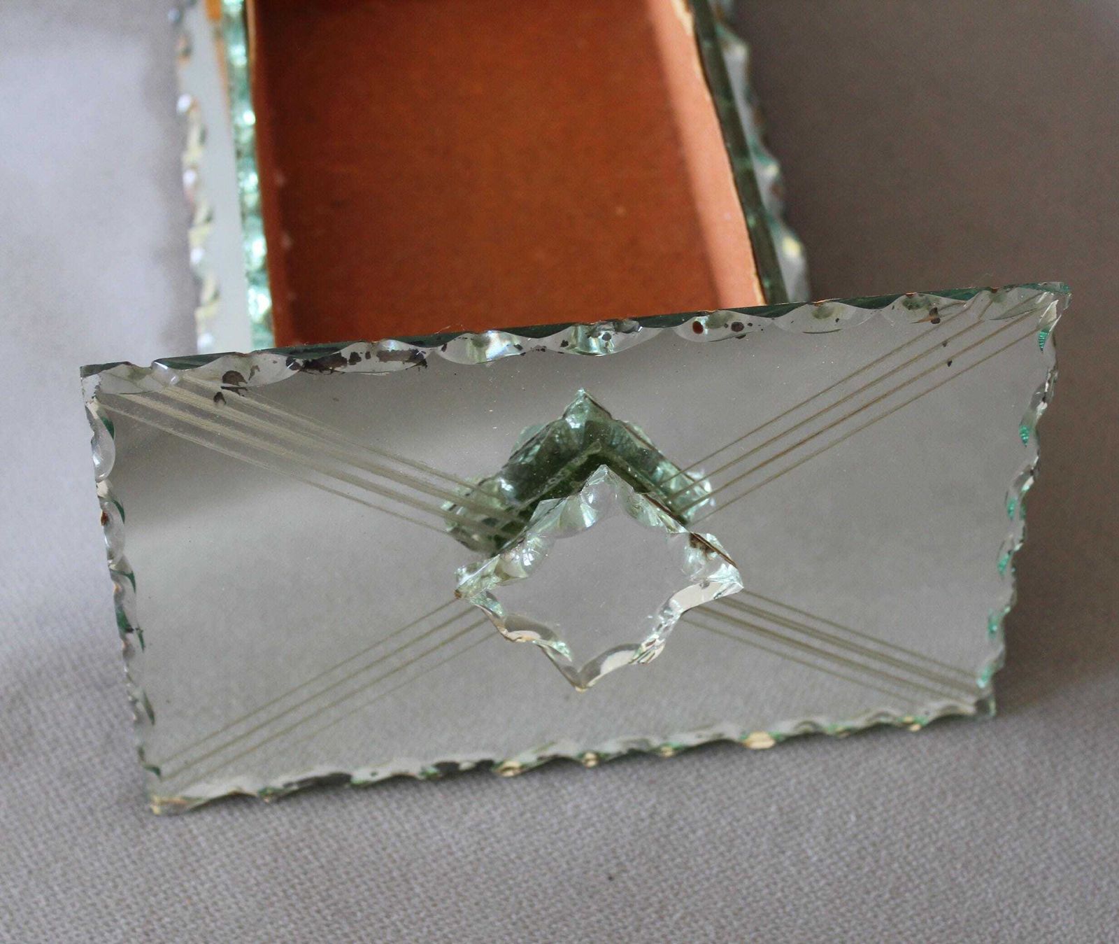 Vintage French Mirror Box, Beveled Mirror, Cut Mirror, Wood Base, Lined Inside, Trinket Box, Art Deco Style, Jewelery Box, Vanity Box photo vinterior