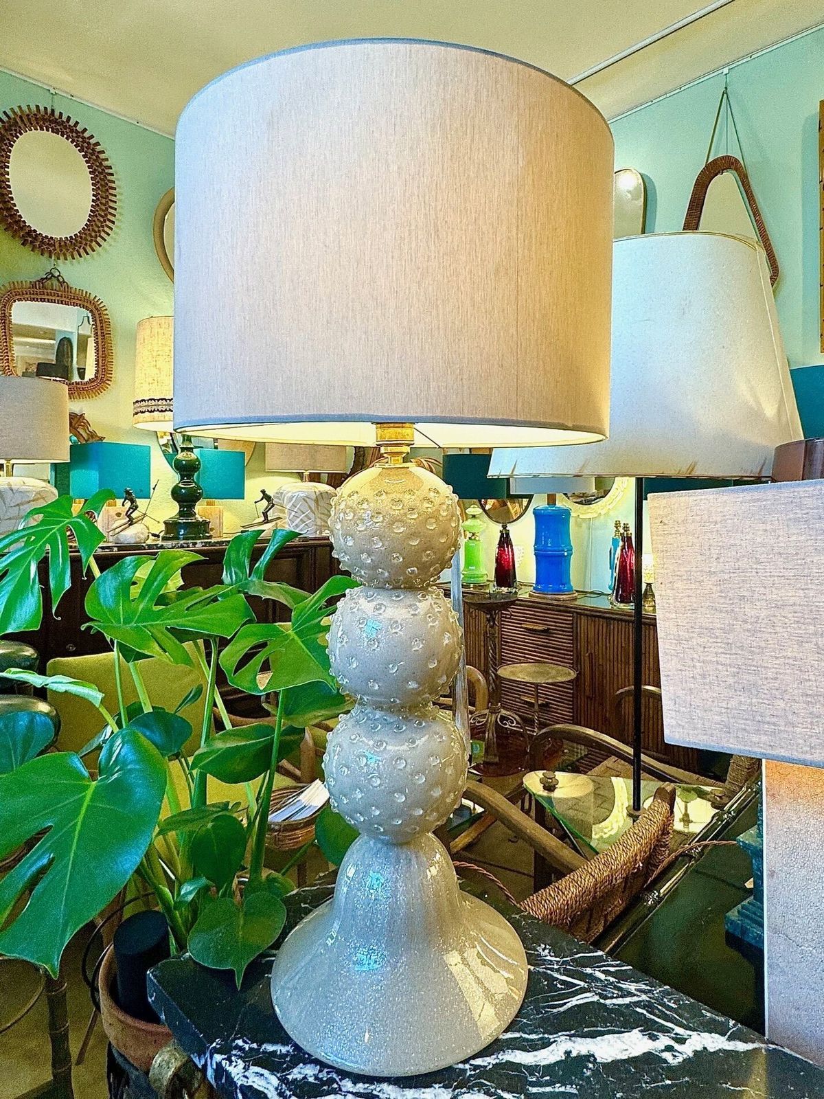 photo for sale A Large 1980s Avventurina Murano Taupe Coloured Glass Ball Lamp With Brass Fittings