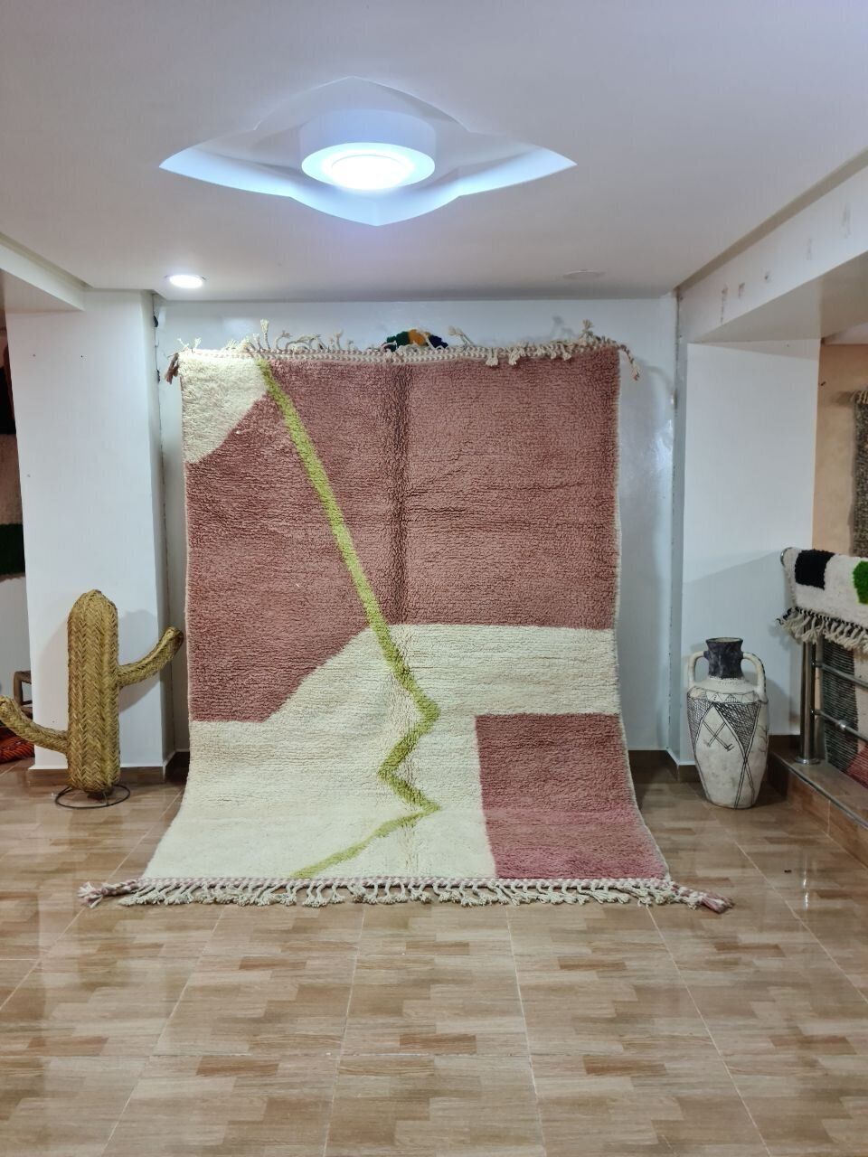 Handwoven Moroccan Berber Rug   Modern Pink & White Abstract Design With Green Accent (250x150 Cm) photo furniture