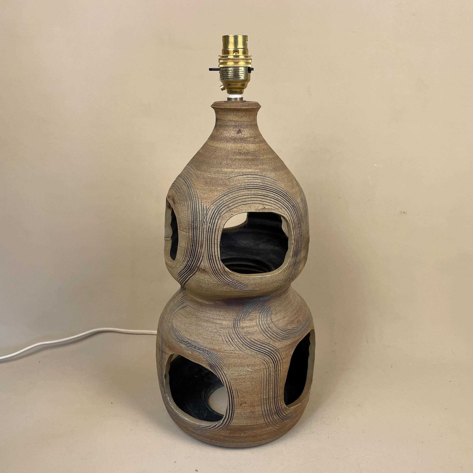 Vintage Ceramic Lamp Light Bedside Table Abstract Pattern Brown Earthy Retro Side Antique Clay Pottery Handmade Vase Medium Classic Holes photo for sale