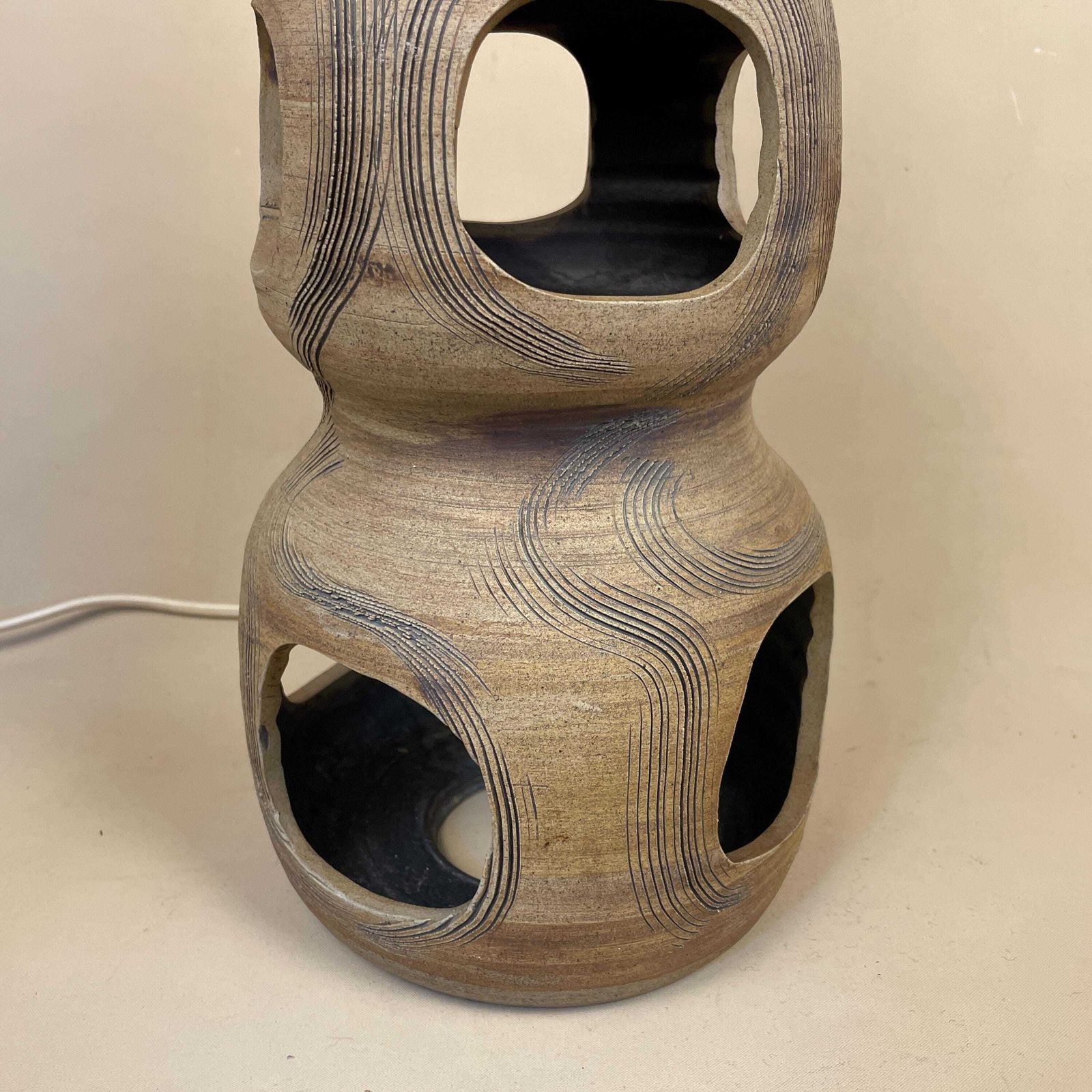 Vintage Ceramic Lamp Light Bedside Table Abstract Pattern Brown Earthy Retro Side Antique Clay Pottery Handmade Vase Medium Classic Holes photo 169.0