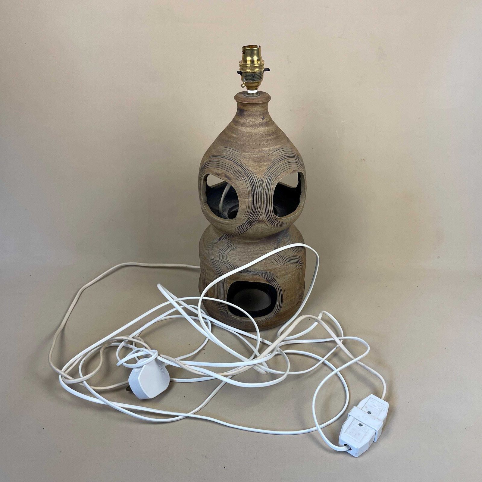photo for sale Vintage Ceramic Lamp Light Bedside Table Abstract Pattern Brown Earthy Retro Side Antique Clay Pottery Handmade Vase Medium Classic Holes