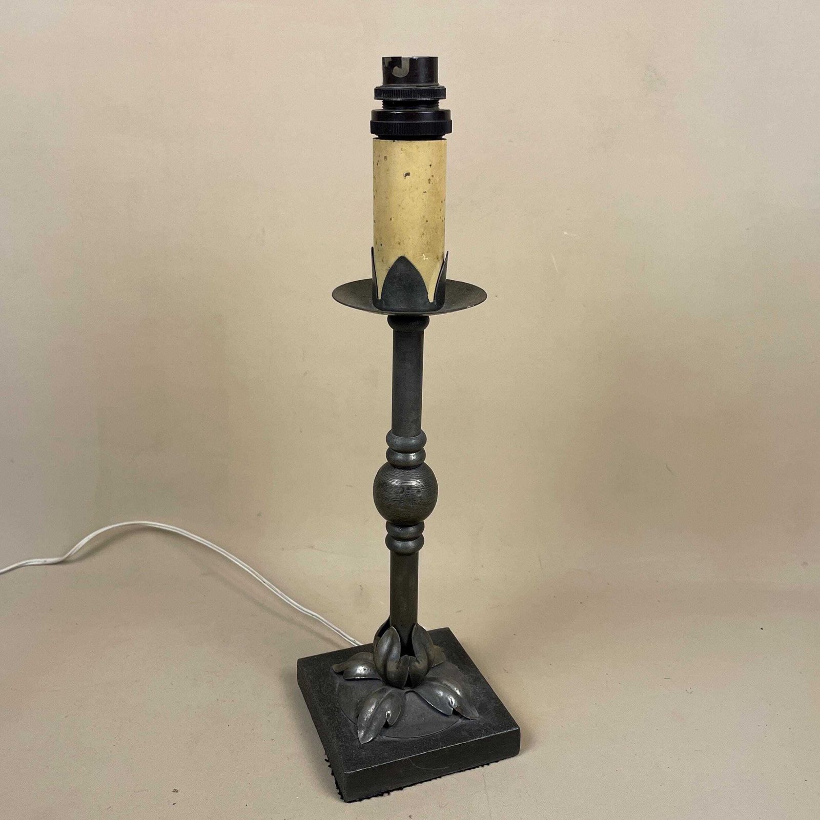 Antique Vintage Metal Silver Lamp Light Bedside Side Table Desk Ornate Detail Square Base Medium Floral Pattern Heavy Pewter Grey Candle