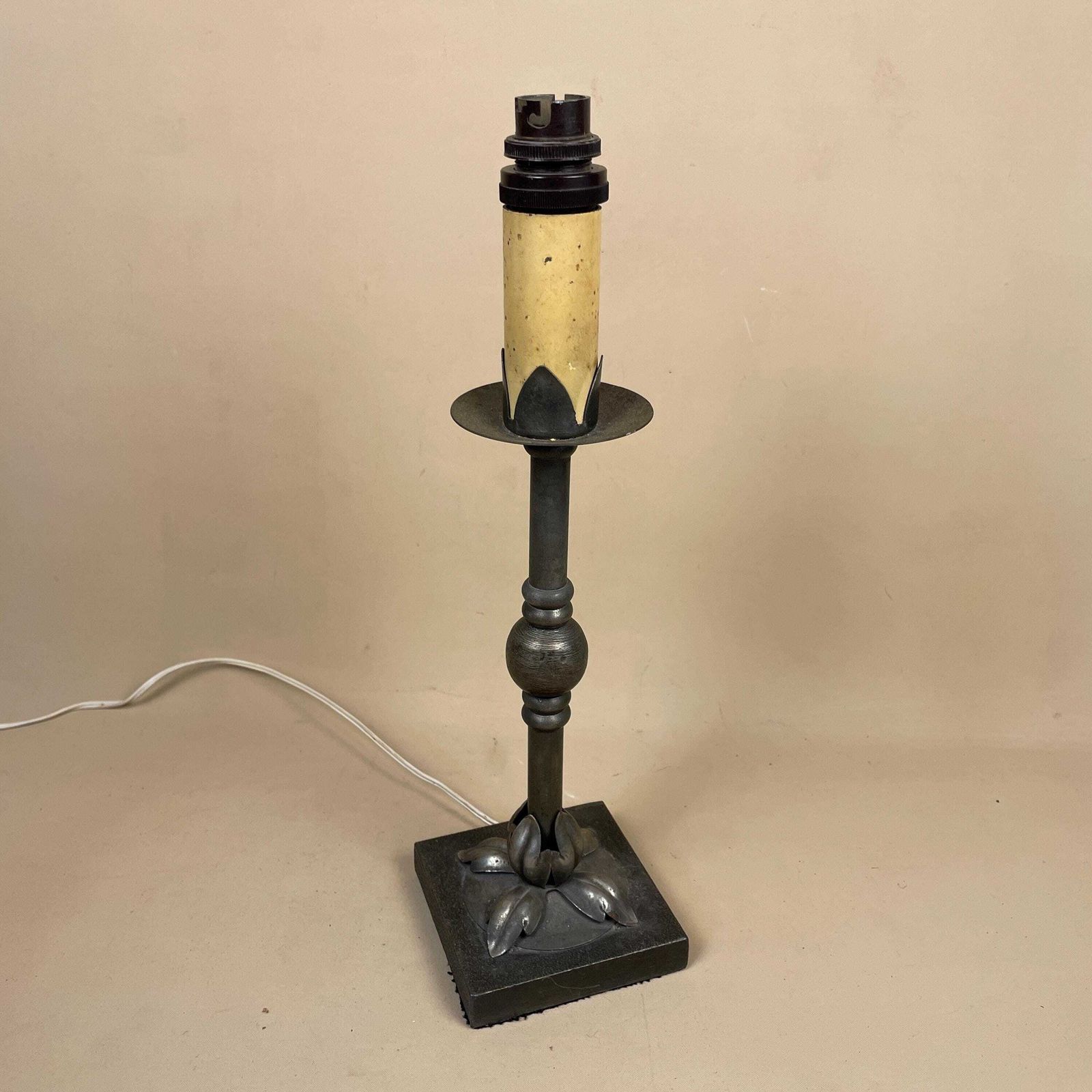Antique Vintage Metal Silver Lamp Light Bedside Side Table Desk Ornate Detail Square Base Medium Floral Pattern Heavy Pewter Grey Candle photo furniture