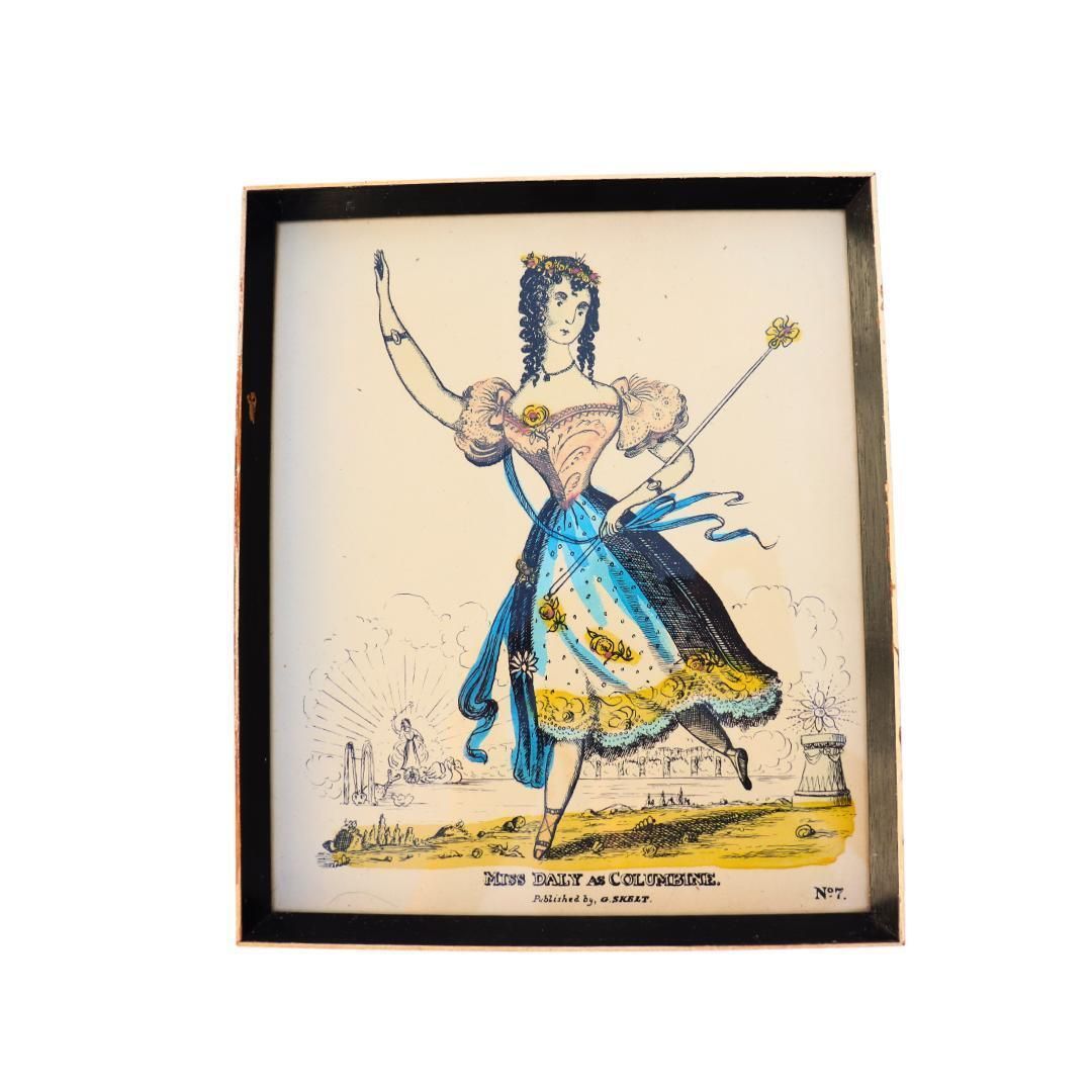 Framed Hand Coloured Engraving Of Miss Dally As Columbine By G Skelt N 7 Commedia Del'arte Theatrical Decor 1902 Drawn Published 1950's