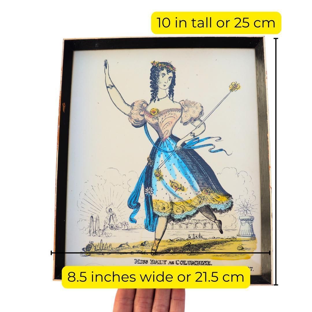 Framed Hand Coloured Engraving Of Miss Dally As Columbine By G Skelt N 7 Commedia Del'arte Theatrical Decor 1902 Drawn Published 1950's photo vinterior
