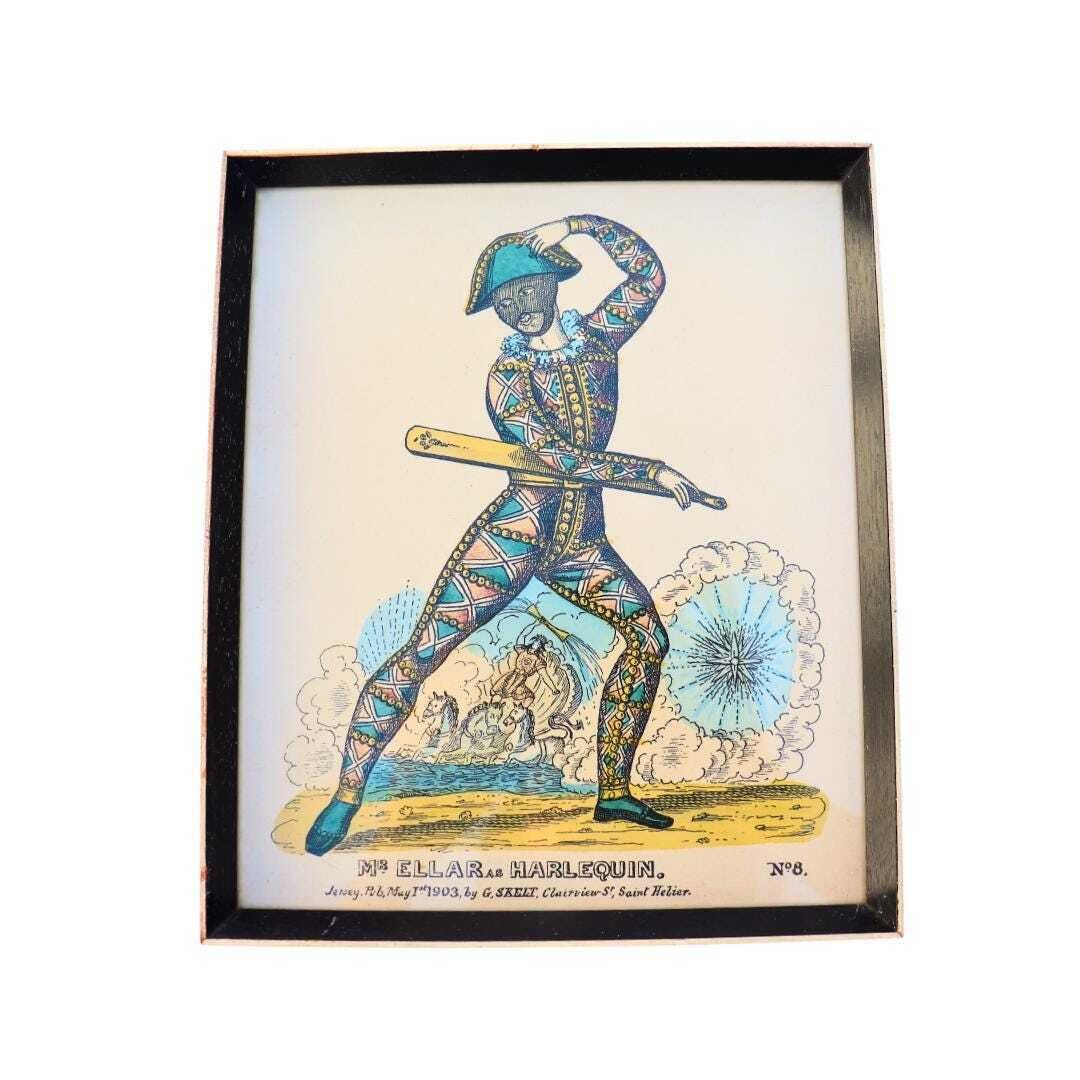Antique Framed Hand Coloured Engraving Of Mr Ellar As Harlequin By G Skelt N 8 Commedia Del'arte 1903 Drawn, Published 1950's photo buy