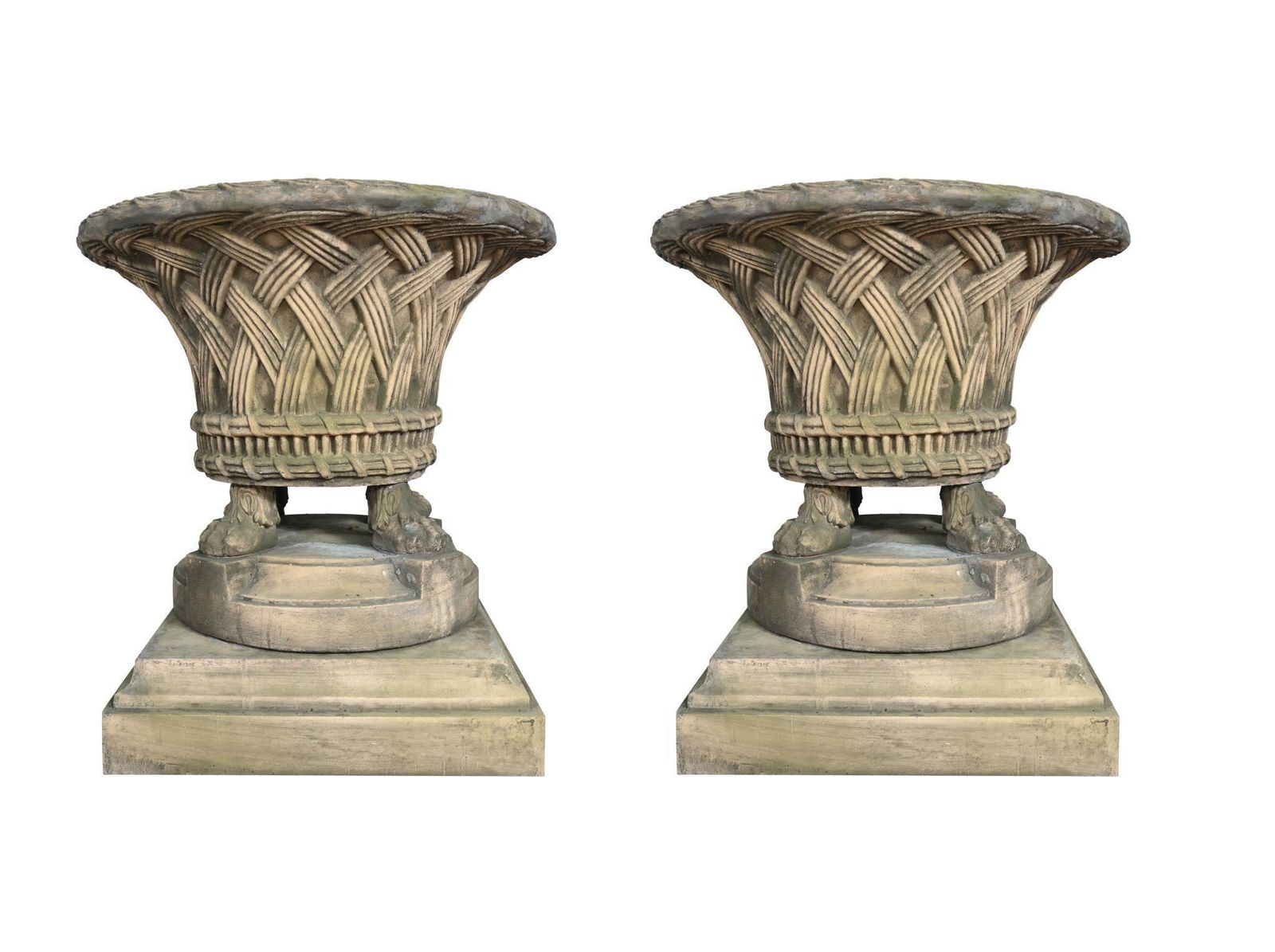 Pair English Stone Garden Planters Gothic Basket Weave Urns
