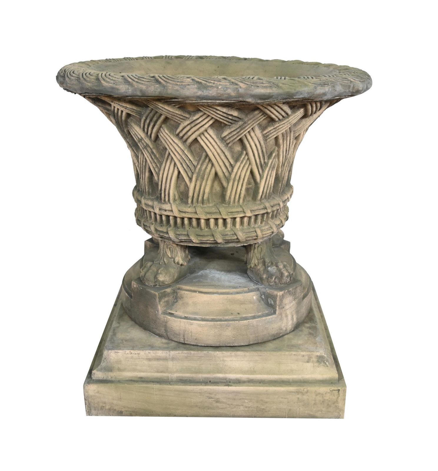 Pair English Stone Garden Planters Gothic Basket Weave Urns photo furniture