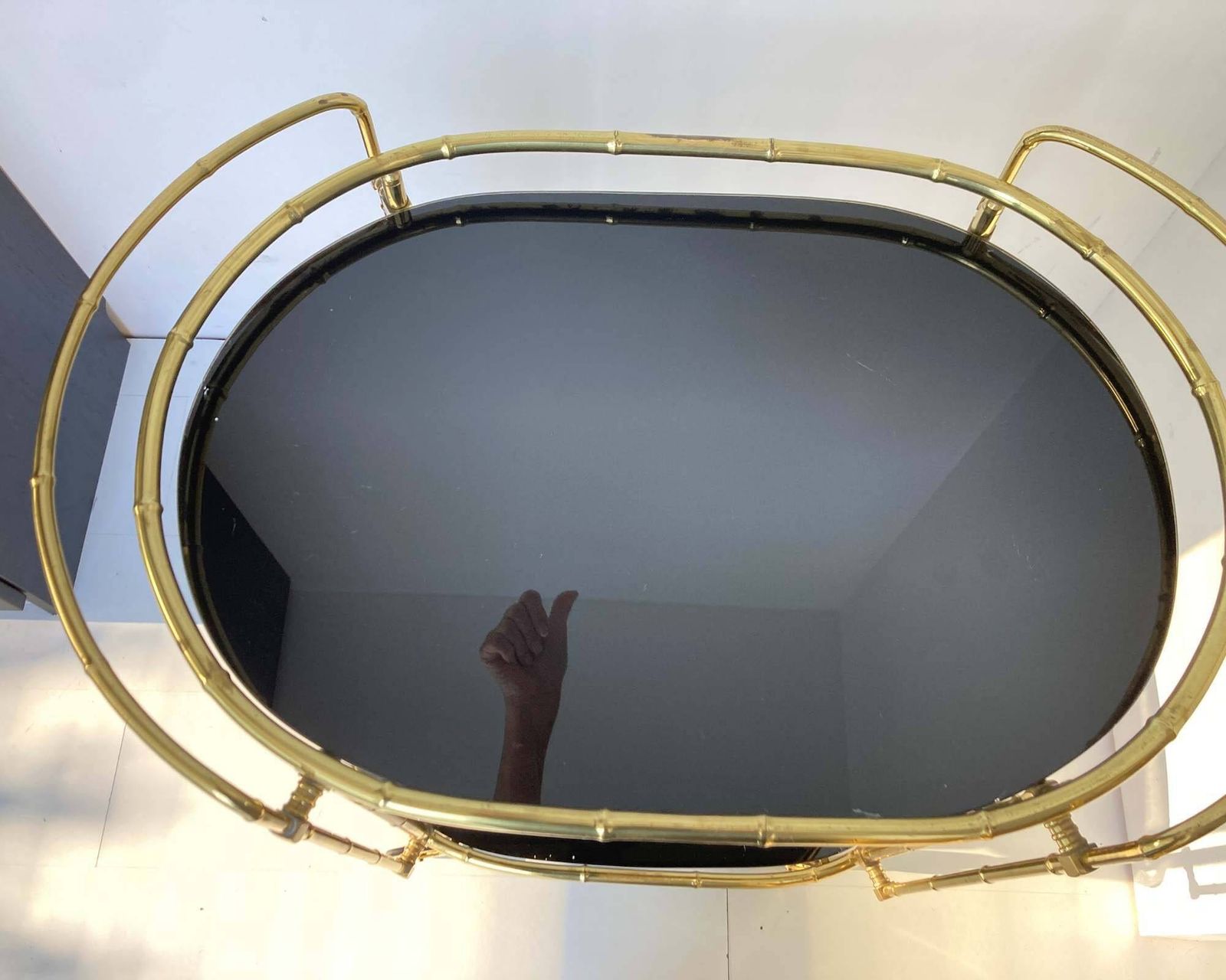 photo for sale Black Gold Bar Cart | 1pc Oval Serving Trolley | Glass And Brass