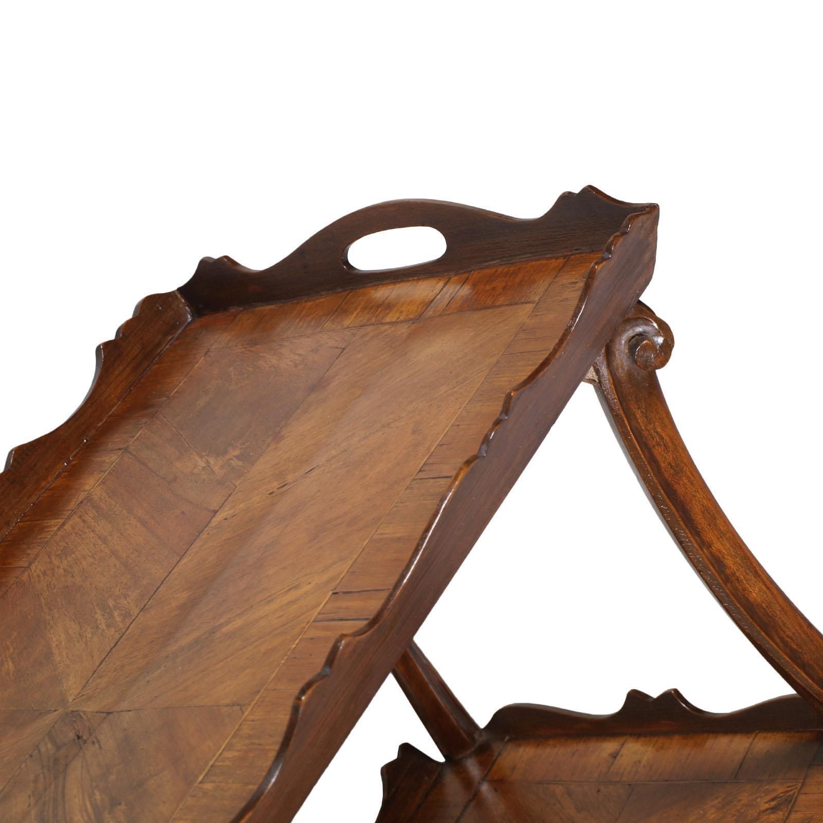 Trolley Bar Cart Baroque Revival, Hand Carved Walnut, Veneer Inlaid, Burl Walnut photo vinterior
