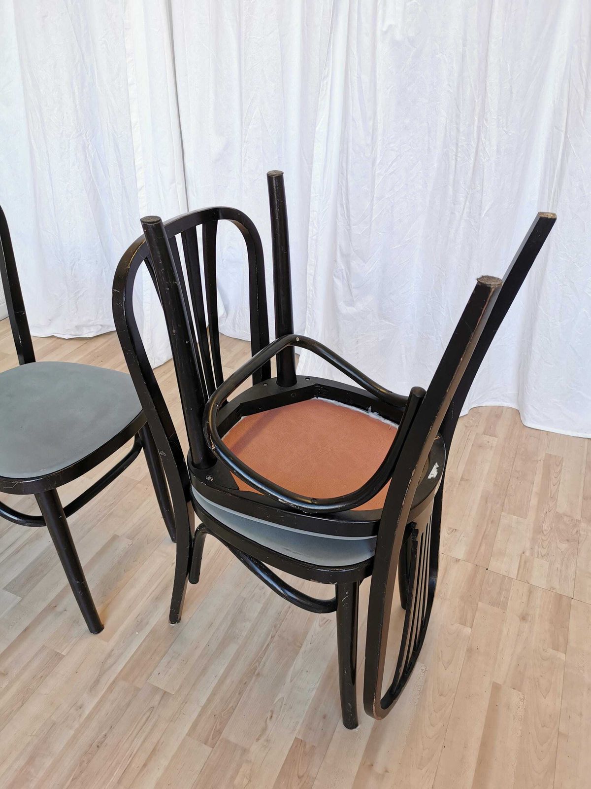 photo for sale Set Of 4 Vintage Dining Chairs By Stol Kamnik Original / 1970s Yugoslavia / Mid Century Black Wooden Dine Chair With Gray Fabric Seat