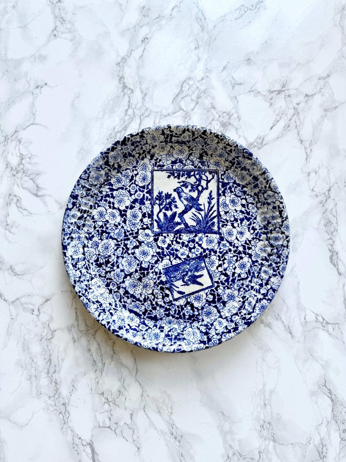 Antique Blue White Bread And Butter Dish Bird Aesthetic Movement Chintz Gilded Round Bread Dish Centrepiece Fruit Bowl Floral 1800