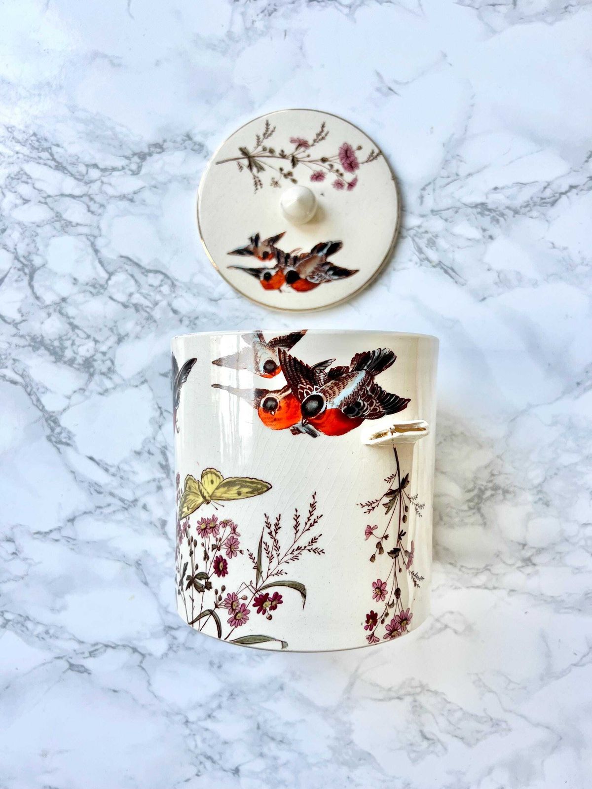 Victorian Biscuit Barrel Lidded Antique Hand Painted Bird Pattern Bone China Storage Kitchen Shelve Decor Aesthetic Movement Rare