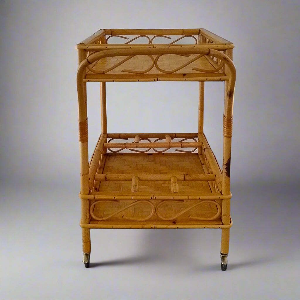 1960s Gorgeous And Elegant Serving Bar Cart In Bamboo & Rattan By Franco Albini. Made In Italy photo buy